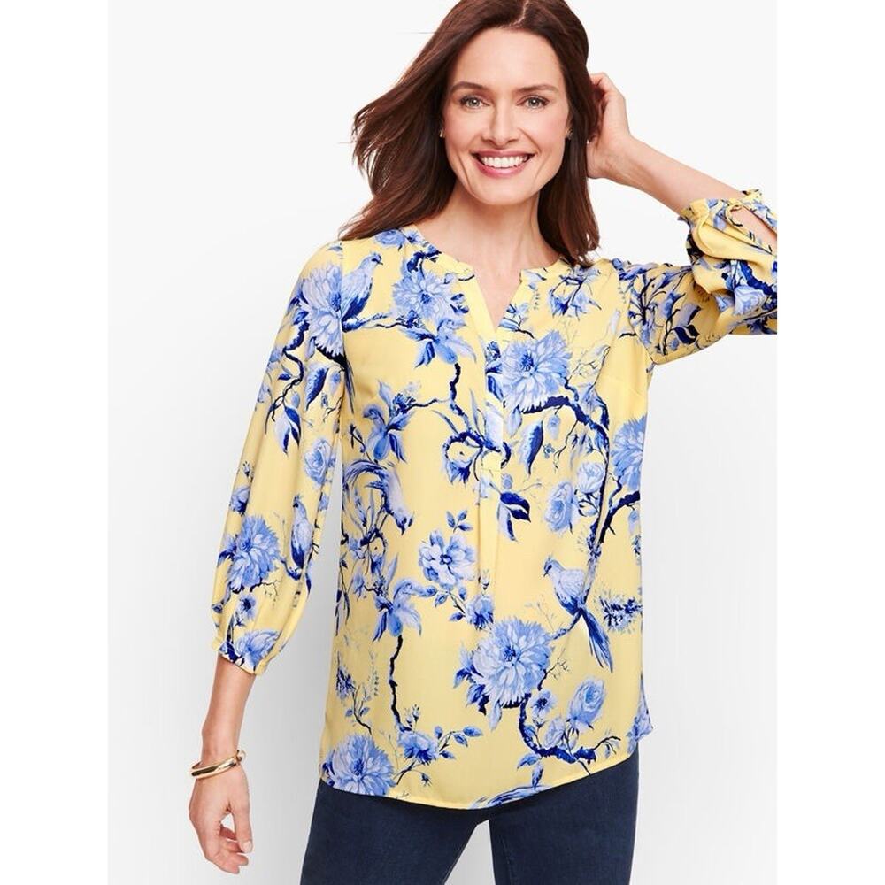 Talbots Women’s Pleated Sleeve Popover Top Bird Toile Yellow Blue Size M